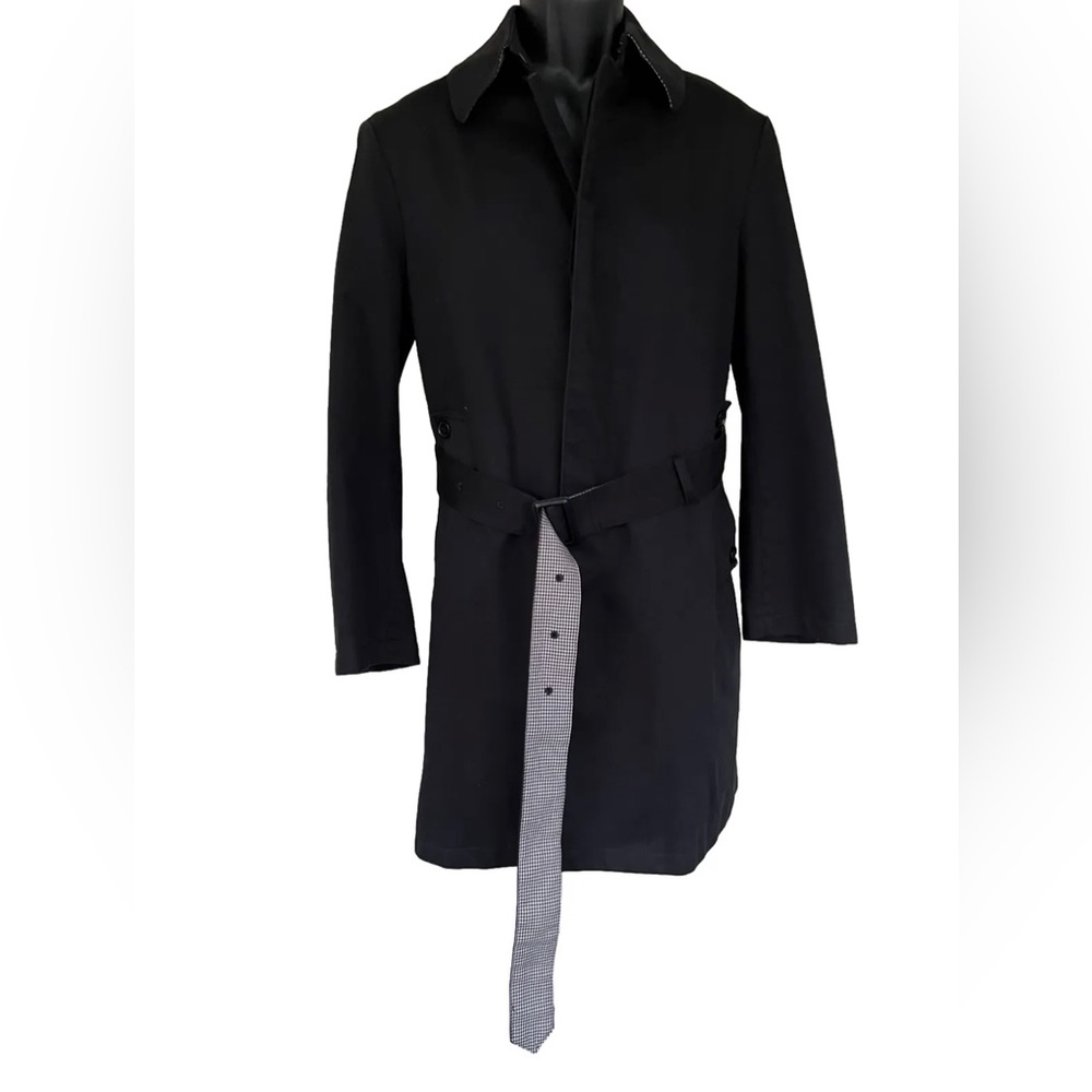 Orihica Trench Coat Black With Black and White Plaid Under Collar and Belt Sz L?